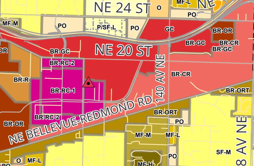 The City of Bellevue's zoning map zoomed into Belred