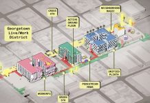 Seattle Council Greenlights Upzone for Georgetown Live/Work District A architectural rendering shows midrise housing, ground floor makers spaces, pedestrian improvements, and a green street on 5th Avenue S.