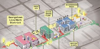 Seattle Council Greenlights Upzone for Georgetown Live/Work District A architectural rendering shows midrise housing, ground floor makers spaces, pedestrian improvements, and a green street on 5th Avenue S.