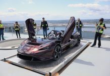 Policy Lab: Tax the Filthy, Stinking Rich McLaren has its butterfly doors up while a half dozen onlookers in yellow vests take picture or admire the car.