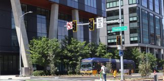 Seattle’s First Protected Intersection Opens at Dexter and Thomas The view looking north on Dexter shows a Route 62 bus approaching the intersection.