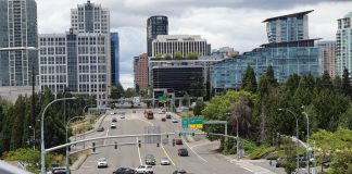 The 10 lanes of 8th Avenue as it interchanges with I-405 and heads into downtown Bellevue