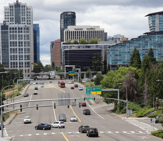 Coalition Urges Bellevue City Council to Ramp Up Road Safety Spending The 10 lanes of 8th Avenue as it interchanges with I-405 and heads into downtown Bellevue