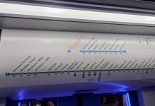 Sound Transit Adds Lynnwood Link to System Diagrams, Anticipating August Opening  Above Link train doors are a simple map of stops with station names and numbers listed.