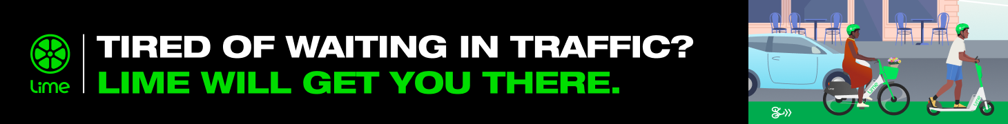 A picture of a person on a scooter and e-bike riding past a car with the caption 'tired of waiting in traffic? Lime will get you there.'