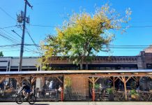 Policy Lab: Why Are Seattle Restaurants So Expensive? A pergola shelters a street cafe on Ballard Avenue, with a person biking by in the street.