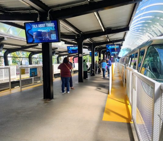 A First Look at Seattle Center Monorail Station’s Planned Access Upgrades A small crowd waits for the doors to open on a monorail train at Seattle Center