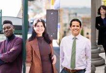 Four Successful Urbanist-Backed Candidates Pledge Housing, Transit, and Climate Action Scott and Rinck pose at bus stops. Mello is on a downtown Tacoma street. Bateman is leaning on a marble column at the state capitol.