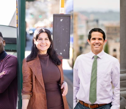 Four Successful Urbanist-Backed Candidates Pledge Housing, Transit, and Climate Action Scott and Rinck pose at bus stops. Mello is on a downtown Tacoma street. Bateman is leaning on a marble column at the state capitol.
