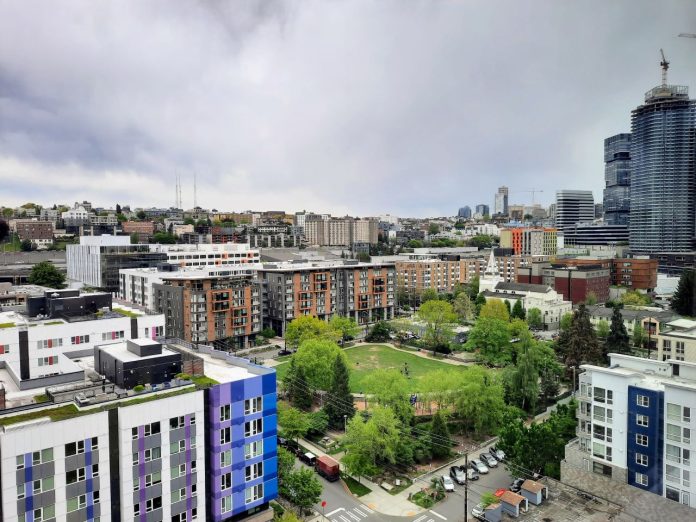 South Lake Union Seattle skyline view from rooftop - Trumm 20240503 A view of the eastern half of South Lake Union with Capitol Hill and First Hill apartment towers in the background.