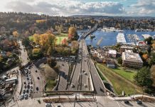 The Washington State Transportation Budget Is In Deep Trouble A view over Montlake from a drone looking toward North Capitol Hill on a beautiful day