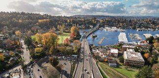A view over Montlake from a drone looking toward North Capitol Hill on a beautiful day