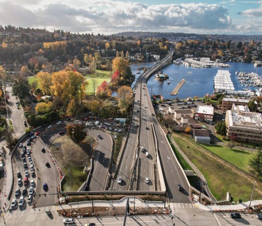 The Washington State Transportation Budget Is In Deep Trouble A view over Montlake from a drone looking toward North Capitol Hill on a beautiful day