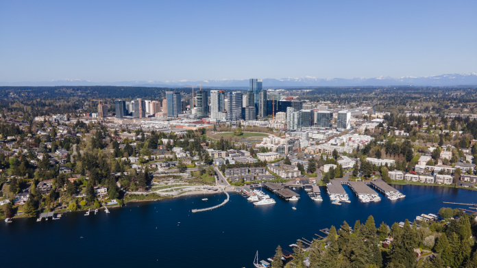 Bellevue_Bay_aerial_4,_April_2023 An aerial photo of Downtown Bellevue in 2023 on a sunny day, with blue Lake Washington in the foreground