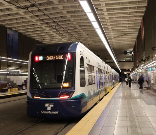 Two Months of 1 Line Maintenance Disruptions Start January 4 A Link train at Pioneer Square that reads Angle Lake on its headsign