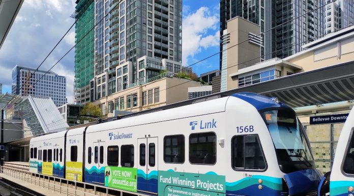 Sound Transit’s Bid to Unlock 75-Year Bonds Finds Second Wind A 2 Line train at Downtown Bellevue Station on a sunny day