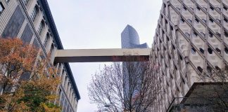 King County Council Gets On Board with Civic Campus Redevelopment A view up at the skybridge between the King County Admin Building and the King County Courthouse, with Columbia Tower in the background