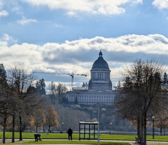 Washington Legislature Wants to Rein In Historic Landmarking to Spur Housing The domed Olympia Capitol Building stands in the distance with a bus stop with a passenger waiting in the foreground. A dogwalker also mosey on the lawn.