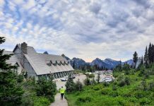 Op-Ed: Transit in Rainier National Park Would Ensure Paradise for Everyone A women walks down the trail to Paradise Inn and the crowded parking lot adjoining it. A mountain ridge and cirrus clouds are on the horizon.