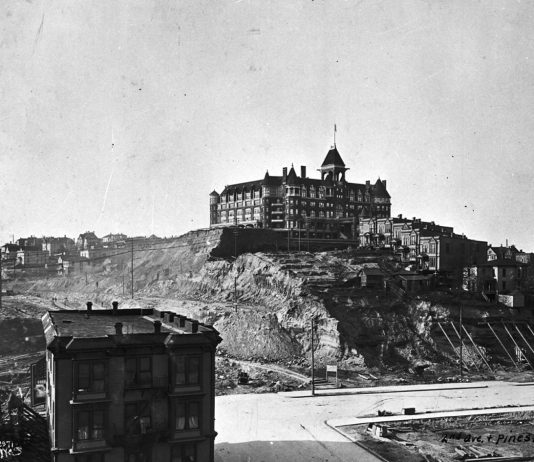 Sunday Video: Seattle’s Long-Forgotten Hill A photo from 1905 showing Second and Pine Street during regarding with the old Washington Hotel on the top of the hill.