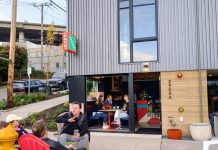 Statewide Neighborhood Cafe Bill Returns, Expanded to More Types of Businesses A small neighborhood cafe commercial storefront with people sitting outside in patio chairs