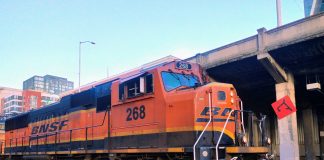 A BNSF train comes through King Street Station