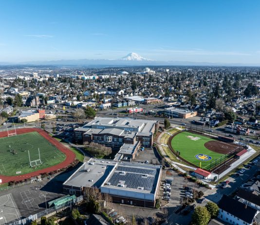 Tacoma Rezone Offers Housing Diversity and Path to Breaking Car Dependence An aerial shot of North Tacoma neighborhoods with Mount Rainier and the Tacoma Dome in the distance.
