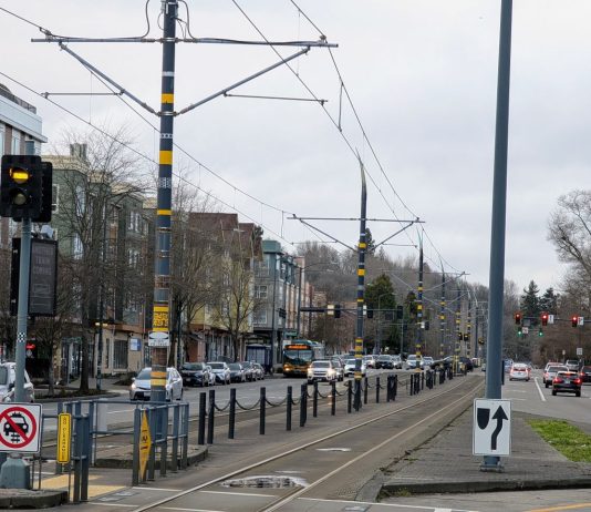 Sound Transit Selects Design Approach for Graham Street Infill Station Light rail tracks run down the median of MLK Way in Columbia City station with new four story buildings on either side.