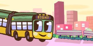 Op-Ed: Route 8 Is Still Route Late, but Here’s the Fix A cartoon style illustration shows a smiling bus with EIGHT on the destination board and the skyline with Space Needle in the background.