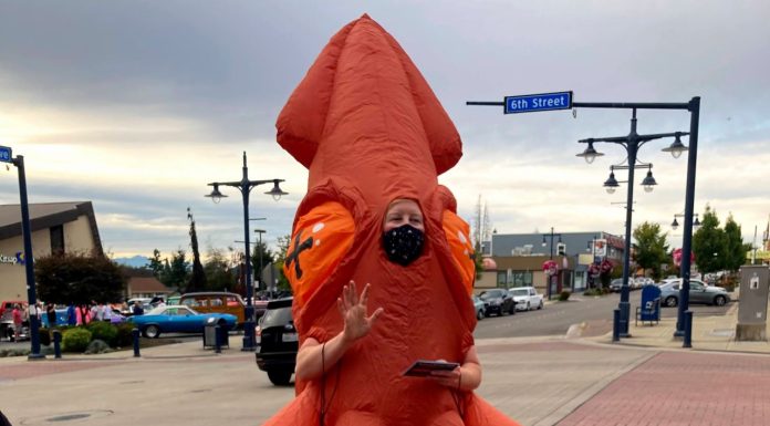 Op-Ed: Will Bremerton Build Its First Protected Bike Lane? A woman in an octopus costume stands nexts to bollards at a 6th avenue intersection and gestures and reads a story to kids. Cars zip through the intersection.