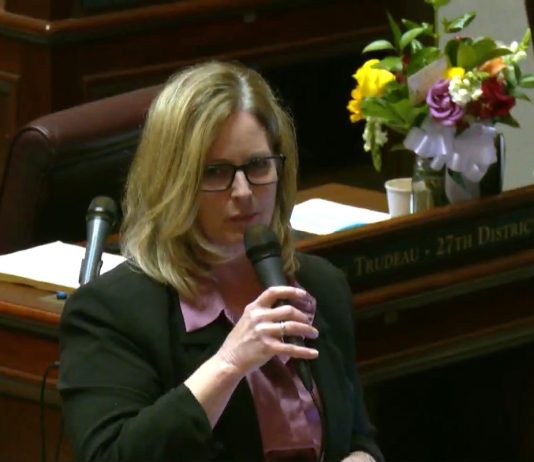 Washington Senate OKs Rent Stabilization Bill After Gutting It Cleveland hold the microphone on the floor and has blond hair and glasses. On the Annette Cleveland desk behind her is a bouquet of flowers.