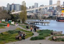 Elliott Bay Trail Upgrades Temporarily Close Waterfront Bike Path Orange signs warn of the bike path closure just east of Expedia Park. A dozen joggers and dog walkers crowd the waterfront path. The Seattle skyline is in the distance.