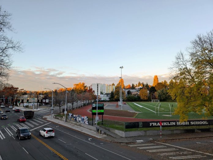 Franklin High School football field with MLK Way - Trumm 20241107 The view from the Mount Baker pedestrian bridge with the Franklin football field at the corner of MLK Way and Rainier Avenue.