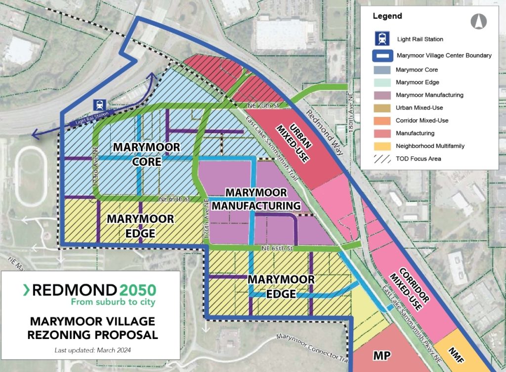 A proposed zoning map for Marymoor Village with seven zoning categories that will allow up to 12 story buildings in the neighborhood.