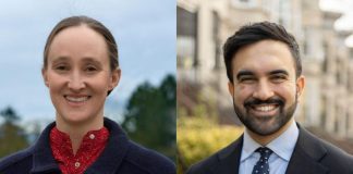Op-Ed: Katie Wilson is the Zohran Mamdani of Seattle Side by side campaign photos of Katie Wilson a red button-up shirt with a navy sweater. To the right, Zohran wears a blue suit and a light blue shirt. He wears a beard and a smile.