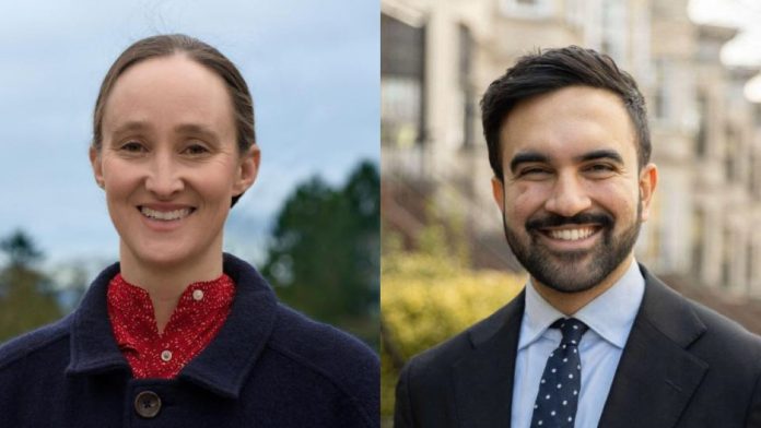 Zohran and Katie Wilson photos via campaign 1200 Katie Wilson a red button-up shirt with a navy sweater. Zohran wears a blue suit and a light blue shirt. He wears a beard and a smile.