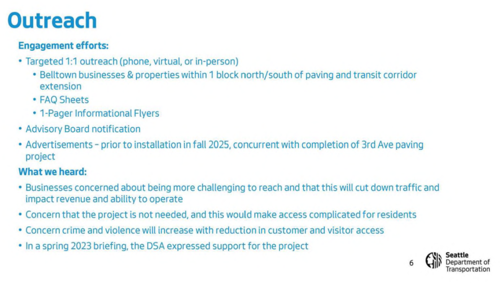 A slide laying out the outreach that had been conducted and the negative feedback from business owners