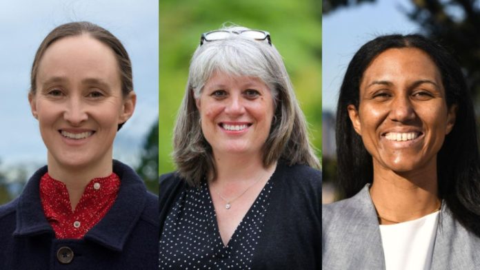 2025 Primary Katie Wilson Claudia Balducci Dionne Foster campaign photos Urbanist graphic Pictured right to left, Wilson is a white woman with her hair pulled back. Balducci is a white woman with gray hair and her glasses on her head. Foster is a black woman in a gray blazer.