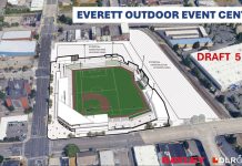 Everett Forges Ahead with Downtown Stadium for Minor League Sports A diagram of the stadium proposal with surrounding buildings.