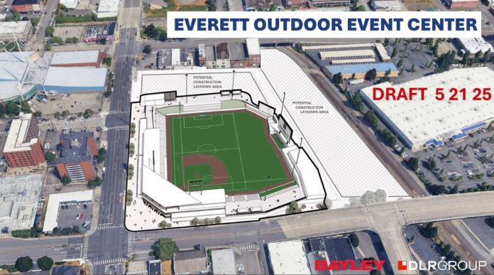 A diagram of the stadium proposal with surrounding buildings.