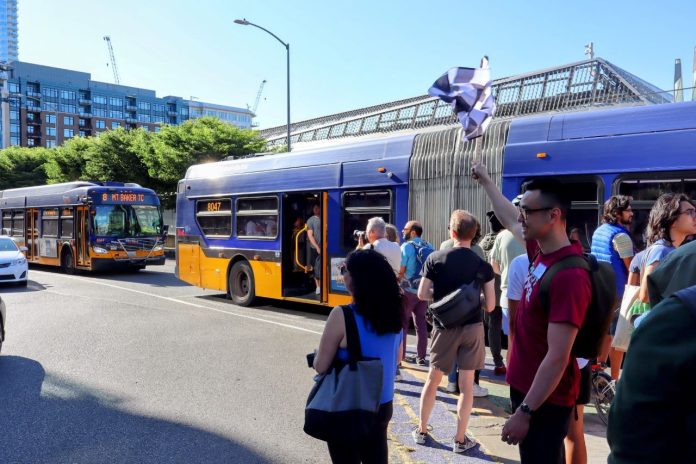 Route 8 race the L8 by Ryan Packer 1280p A group of pedestrians that raced the Route 8 with two buses in the background.