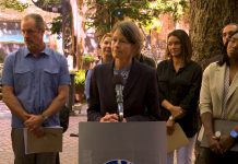 Seattle Council Targets Nuisance Properties, Graffiti, and Safety-Themed Sales Tax Bump Nelson stands at a lectern with a row of providers standing behind her.