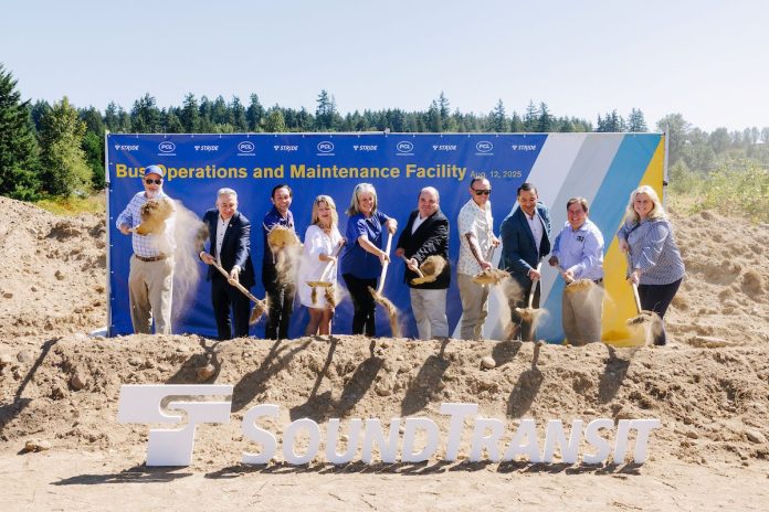 20250812_BOMF_Groundbreaking-PB-0020 Balducci Thompson 1200px Action shot catches the ceremonial first shovelful of dirt from a row of officials in mid-air.