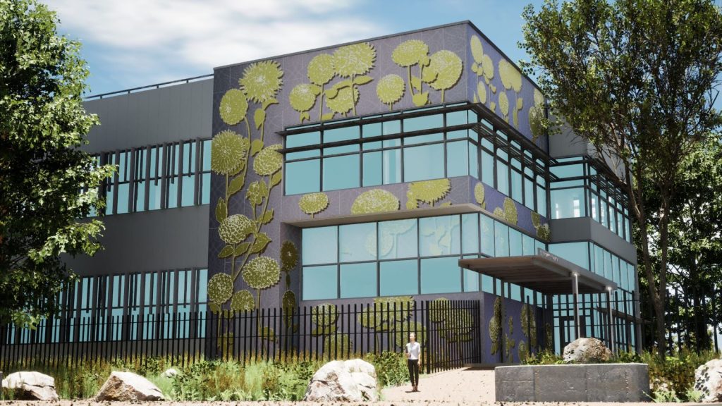 A flower design gussies up an otherwise nondescript two story office building.