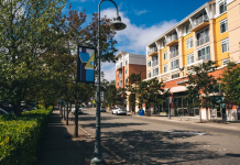Mercer Island’s Growth Plan Ruled Out of Compliance with State Law A tree lined street in Mercer Island's town center, with a four story building on the other side of the street