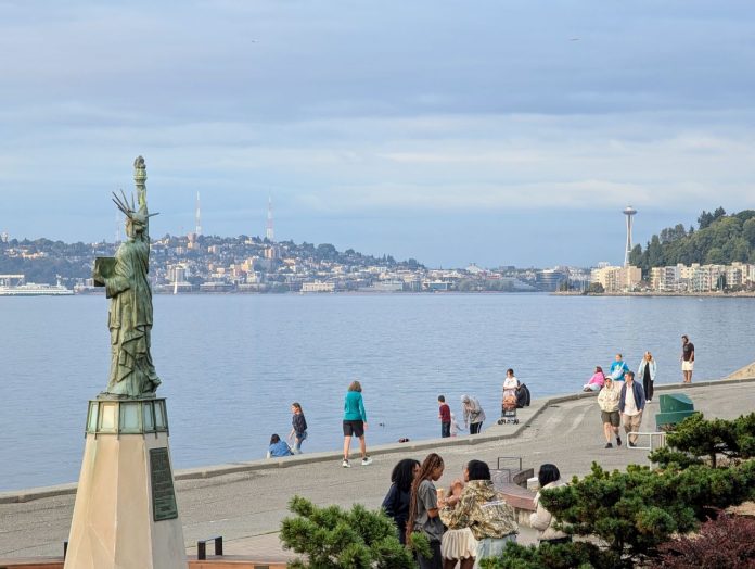 Alki Beach with mini Statue of Liberty and Space Needle - Trumm 20250908