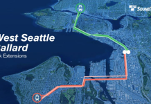 How Ballard and West Seattle Light Rail Became a $30 Billion Undertaking A Sound Transit slide shows a map of Seattle with the West Seattle and Ballard lines indicated on it.