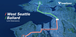 How Ballard and West Seattle Light Rail Became a $30 Billion Undertaking A Sound Transit slide shows a map of Seattle with the West Seattle and Ballard lines indicated on it.