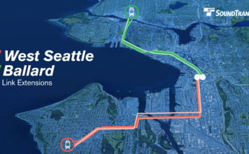 How Ballard and West Seattle Light Rail Became a $30 Billion Undertaking A Sound Transit slide shows a map of Seattle with the West Seattle and Ballard lines indicated on it.