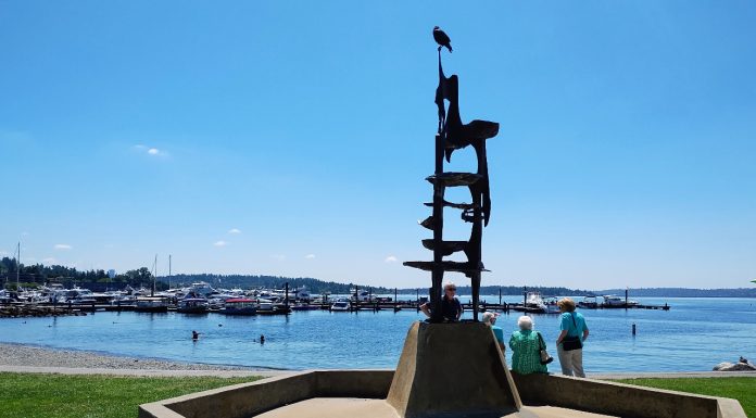 Kirkland Voters Maintain the City’s Course, Rejecting Anti-Growth Push A tower-like metal sculpture crowns Kirkland's Marina Park, with a few pedestrians walking on the path along its edge. The marina and Moss Bay is in the distance.
